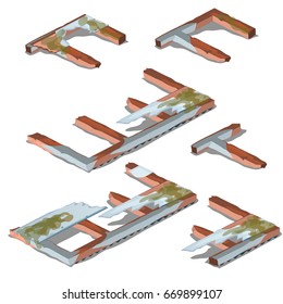 The wreckage of the wooden structures are rotting isolated on a white background. Cartoon vector close-up illustration.