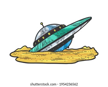 wrecked crashed ufo color sketch engraving vector illustration. T-shirt apparel print design. Scratch board imitation. Black and white hand drawn image.