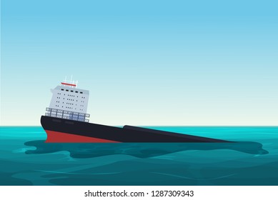 Wrecked oil tanker ship. Oil spill accident. Pollution Environment concept vector illustration.