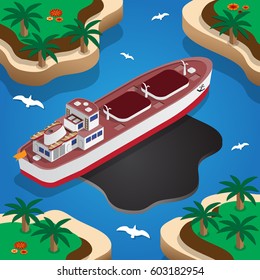 Wrecked oil tanker ship. Oil spill. Isometric. Vector illustration.