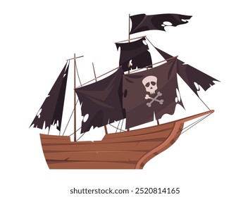 Naufragado velho navio pirata de madeira com bandeiras do tempo. Naufrágio e couraçado vetorial, navio histórico ou batelão para viagem. Ícone isolado de design de jogo para marinheiros e cenário marinho retrô