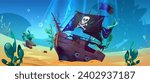 Wrecked pirate ship on sea bottom. Vector cartoon illustration of old damaged vessel lying on sandy seabed under water, jolly roger symbol on black sail, treasure search adventure game background