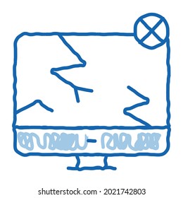 Vector de icono de esbozo de pantalla dañado. Dibujo manual de la línea azul del doodle de la mano Señal de pantalla rota. ilustración de símbolo aislado