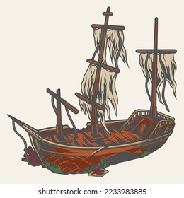 Wrecked ship colorful vintage sticker wreckage of wooden sea vessel with hole in hull and torn sails vector illustration