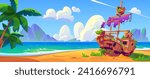 Wrecked ship on tropical island. Vector cartoon illustration of old abandoned sailboat with damaged board, torn sails on mast, cracked steering wheel, green palm tree on sandy beach, shipwreck scene