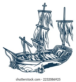 Wrecked ship vintage monochrome emblem sunken wooden sea vessel with torn sails and holes in hull vector illustration