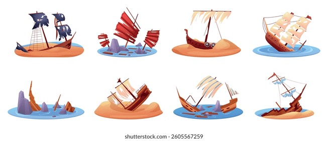 Wrecked ships. Wreckage of old wooden boat, sailboat, pirate ship. Wreck brigantine in sand, on rocks, in sea or ocean. Sinking battleship, nowaday vector scenes