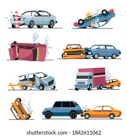 Wrecked vehicles in car crash or road accident, isolated transports with deformed parts. Incident on highway, broken automobiles, breakdown of lorry. Traffic safety, vector in flat style illustration