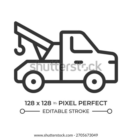 Wrecker pixel perfect line icon. Tow truck, recovery vehicle. Roadside assistance, towing company. Breakdown lorry. Isolated vector illustration. Outline symbol. Simple linear drawing. Editable stroke