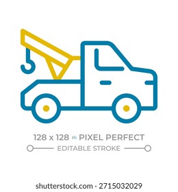 Wrecker Pixel perfekt zwei Farben Linie Symbol. Bergungsfahrzeug. Unterstuetzung am Straßenrand. Pannenwagen. Zweifarbiges Umrisssymbol für Schleppwagen. Lineares Piktogramm mit Duoton. Isolierte Abbildung. Bearbeitbarer Strich