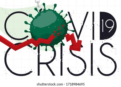 Wrecking ball with coronavirus shape breaking a red statistics arrow, symbolizing the heavy impact in the economy due COVID-19 crisis.