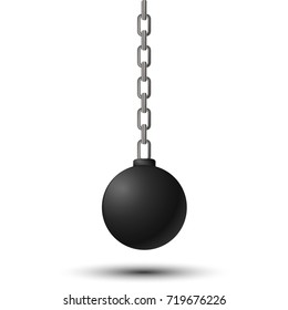 Wrecking ball. Demolition sphere hanging on chains. Vector illustration isolated on white