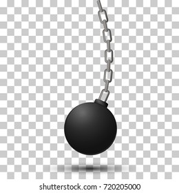Wrecking ball. Demolition sphere hanging on chains. Vector illustration on transparency background