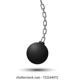 Wrecking ball. Demolition sphere hanging on chains. Vector illustration isolated on white