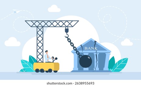 A wrecking ball destroys bank, business, money, insurance. Debt problem concept. Obligation or financial loan crisis, credit failure, no money. Crane with wrecking ball. Vector illustration