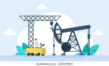 A wrecking ball destroys an oil rig. Protest against petrol and petroleum extraction. Oil well is abandoned, eliminated, banned, prohibited and stopped. Protest against fossil fuel. Vector illustratio