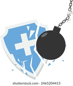 Wrecking ball destroys shield.Destruction effect. Abstract cloud of pieces and fragments after shield demolition by wrecking ball.

