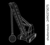 Wrecking ball excavator, demolition crane machine. Wireframe low poly mesh vector illustration