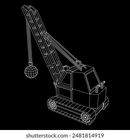 Wrecking ball excavator, demolition crane machine. Wireframe low poly mesh vector illustration