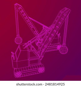 Wrecking ball excavator, demolition crane machine. Wireframe low poly mesh vector illustration