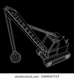 Wrecking ball excavator, demolition crane machine. Wireframe low poly mesh vector illustration