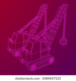 Wrecking ball excavator, demolition crane machine. Wireframe low poly mesh vector illustration