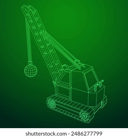 Wrecking ball excavator, demolition crane machine. Wireframe low poly mesh vector illustration