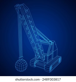 Wrecking ball excavator, demolition crane machine. Wireframe low poly mesh vector illustration