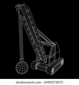 Abrisskugelbagger, Abrisskranmaschine. Drahtmodell-Vektorillustration mit niedrigem Polynetz