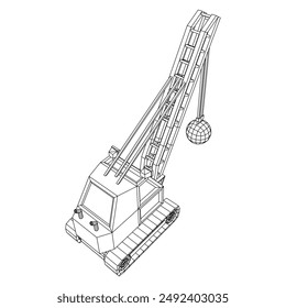 Wrecking ball excavator, demolition crane machine. Wireframe low poly mesh vector illustration