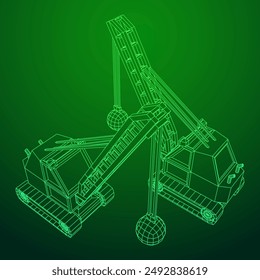 Wrecking ball excavator, demolition crane machine. Wireframe low poly mesh vector illustration