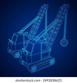 Wrecking ball excavator, demolition crane machine. Wireframe low poly mesh vector illustration