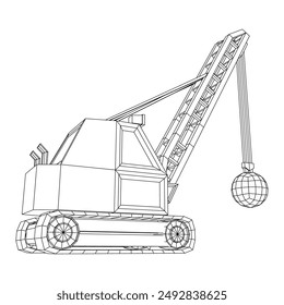 Wrecking ball excavator, demolition crane machine. Wireframe low poly mesh vector illustration