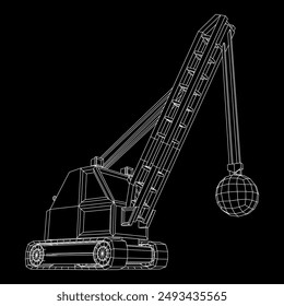 Wrecking ball excavator, demolition crane machine. Wireframe low poly mesh vector illustration