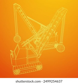 Wrecking ball excavator, demolition crane machine. Wireframe low poly mesh vector illustration