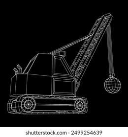 Wrecking ball excavator, demolition crane machine. Wireframe low poly mesh vector illustration