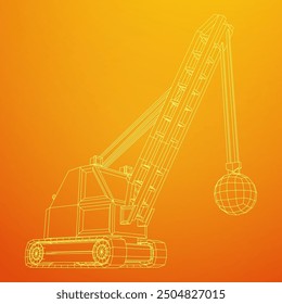 Wrecking ball excavator, demolition crane machine. Wireframe low poly mesh vector illustration