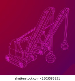Wrecking ball excavator, demolition crane machine. Wireframe low poly mesh vector illustration