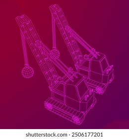 Wrecking ball excavator, demolition crane machine. Wireframe low poly mesh vector illustration