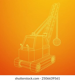 Wrecking ball excavator, demolition crane machine. Wireframe low poly mesh vector illustration