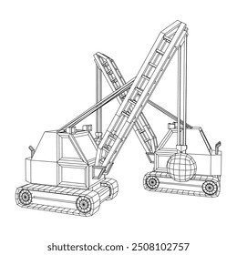 Excavadora de bolas de demolición, máquina de grúa de demolición. Ilustración vectorial de malla de polietileno baja