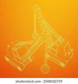 Wrecking ball excavator, demolition crane machine. Wireframe low poly mesh vector illustration