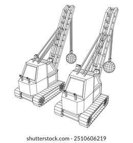 Wrecking ball excavator, demolition crane machine. Wireframe low poly mesh vector illustration