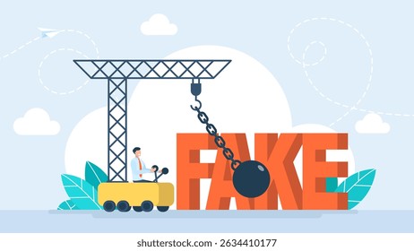 Wrecking ball excavator destroy Fake news or false information spreading on website and social media, screening or verify truth before sharing or believe concept, fake news. Vector illustration