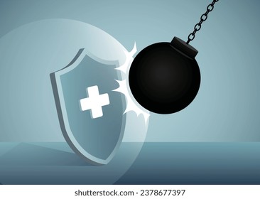 Wrecking ball hitting a shield.Shield protecting an attack from wrecking ball.
