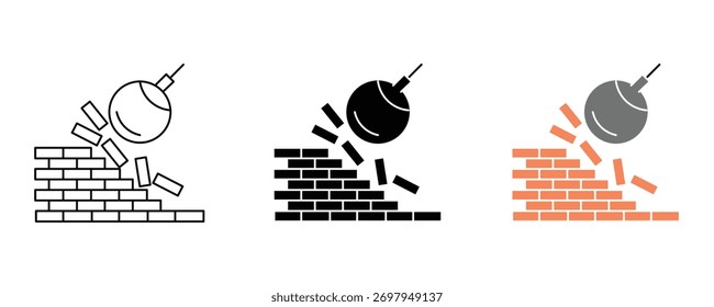 Wracking Ball Symbol Set Vektor auf weißem Hintergrund.  Abbruch, Zerstörung, Mauer, Ziegel, Gebäude, Bau, Symbol.