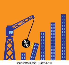 A wrecking ball with a percetage symbol crashing into buildings creating a domino effect. A metaphor on the impact of interest rates on the property market.