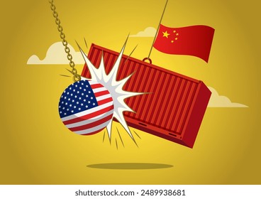 Wrecking ball smashes a cargo ship from China. Representing the tense relation between China and U.S.A. due the Trade War.