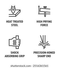 Wrecking bar or crowbar features icons set in bold line - High prying force, Heat treated steel, Precision-honed sharp end, Shock absorbing grip