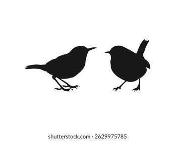 Wren Bird Silhouette Vector Illustration. Simple Silhouettes of Two Birds Facing Each Other. Two wren bird silhouette vector illustration design on a white background.